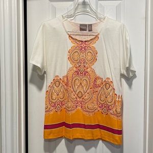 NWOT - Chico's White Pink Orange Paisley Short Sleeve T-Shirt - Chico's Size 0